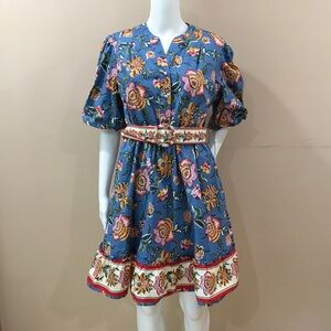 Joie Mini Dress Puff Sleeves Belted Ruffle Hem Floral Baja Blue Women Size 8 New